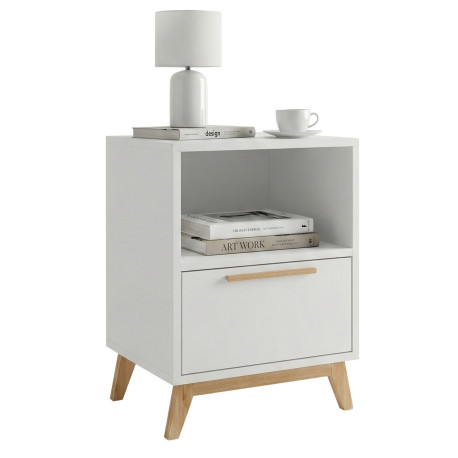 Chevet Blanc 1 Tiroir 1 Niche Pieds Pin Massif L 38.2 H 51 P 35.1 cm