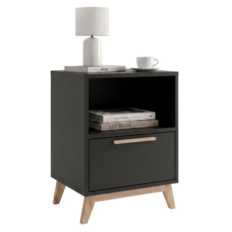 Chevet Noir 1 Tiroir 1 Niche Pieds Pin Massif L 38.2 H 51 P 35.1 cm