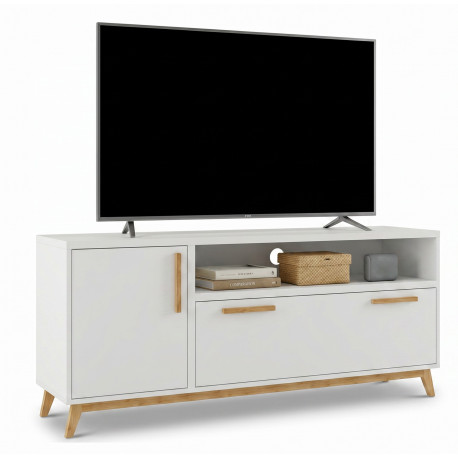 Meuble TV 55 Pouces 2 Portes 4 Niches Blanc L 135.2 H 58.5 P 35.1 cm
