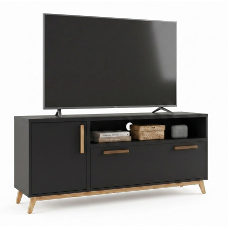 Meuble TV 55 Pouces 2 Portes 4 Niches Noir L 135.2 H 58.5 P 35.1 cm