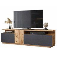 Meuble TV 55 Pouces 3 Portes 5 Niches Chêne et Gris L 150 H 46.3 P 29.5 cm