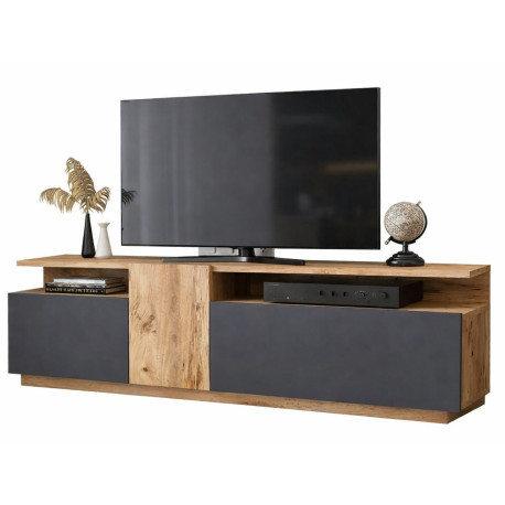 Meuble TV 55 Pouces 3 Portes 5 Niches Chêne et Gris L 150 H 46.3 P 29.5 cm