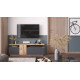 Meuble TV 55 Pouces 3 Portes 5 Niches Chêne et Gris L 150 H 46.3 P 29.5 cm