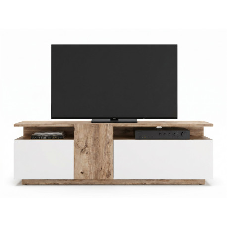 Meuble TV 55 Pouces 3 Portes 5 Niches Chêne et Blanc L 150 H 46.3 P 29.5 cm