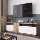 Meuble TV 55 Pouces 3 Portes 5 Niches Chêne et Blanc L 150 H 46.3 P 29.5 cm