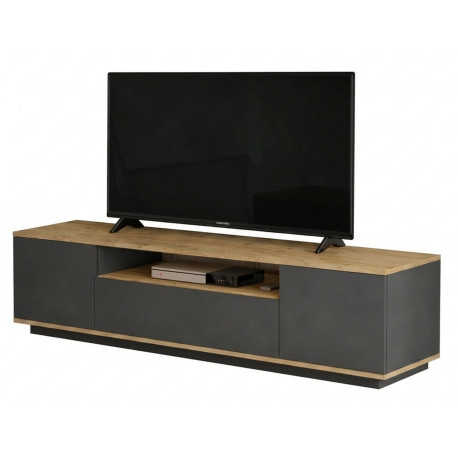 Meuble TV 70 Pouces 3 Portes 4 Niches Chêne et Gris L 180 H 44.6 P 44.5 cm