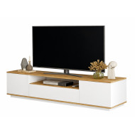 Meuble TV 70 Pouces 3 Portes 4 Niches Chêne et Blanc L 180 H 44.6 P 44.5 cm
