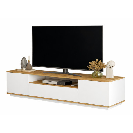Meuble TV 70 Pouces 3 Portes 4 Niches Chêne et Blanc L 180 H 44.6 P 44.5 cm