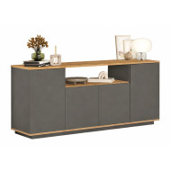 Buffet Bas 4 Portes 6 Niches Chêne et Gris L 180 H 75 P 44.5 cm