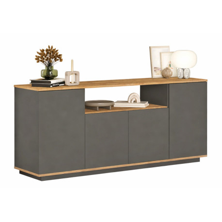 Buffet Bas 4 Portes 6 Niches Chêne et Gris L 180 H 75 P 44.5 cm