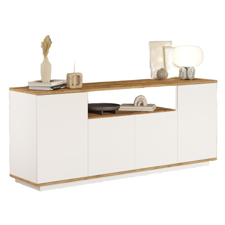 Buffet Bas 4 Portes 6 Niches Chêne et Blanc L 180 H 75 P 44.5 cm