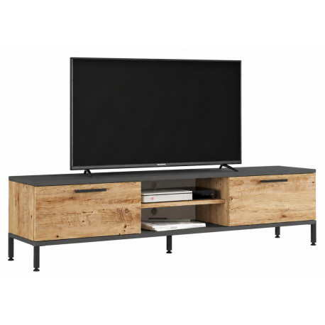 Meuble TV 65 Pouces 2 Portes 4 Niches Chêne et Gris L 160 H 39.1 P 35 cm