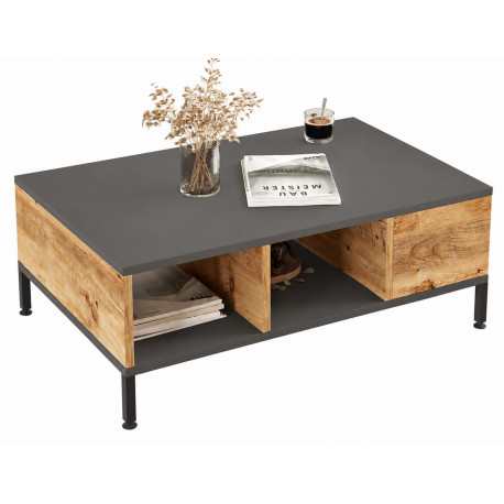Table Basse 3 Niches Chêne et Gris Anthracite Pieds Métal L 90 H 33.1 P 60 cm
