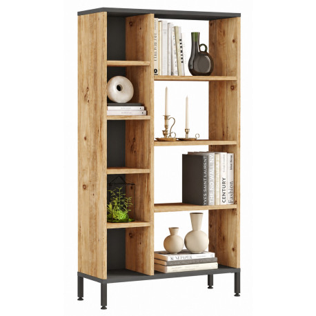 Etagère 9 Niches Chêne et Gris Anthracite Pieds Métal L 72 H 133.6 P 25.5 cm