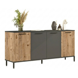 Buffet Bas 4 Portes 4 Niches Chêne et Gris Pieds Métal L 160 H 71.8 P 40 cm