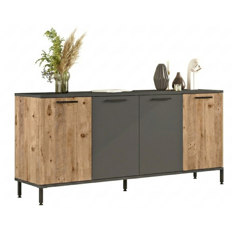 Buffet Bas 4 Portes 4 Niches Chêne et Gris Pieds Métal L 160 H 71.8 P 40 cm