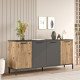 Buffet Bas 4 Portes 4 Niches Chêne et Gris Pieds Métal L 160 H 71.8 P 40 cm