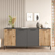 Buffet Bas 4 Portes 4 Niches Chêne et Gris Pieds Métal L 160 H 71.8 P 40 cm