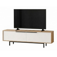 Meuble TV 65 Pouces 2 Portes 2 Niches Chêne et Blanc  L 160 H 45.1 P 35.5 cm