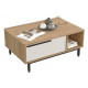 Table Basse 1 Abattant 2 Niches Chêne et Blanc Pieds Métal L 90 H 37.6 P 60 cm