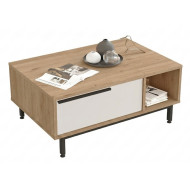 Table Basse 1 Abattant 2 Niches Chêne et Blanc Pieds Métal L 90 H 37.6 P 60 cm