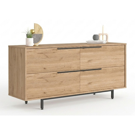 Buffet Bas 4 Portes 4 Niches Chêne Pieds Métal L 160 H 74.3 P 44.5 cm
