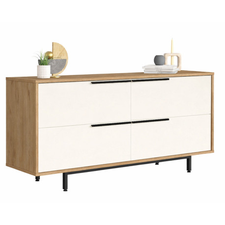 Buffet Bas 4 Portes 4 Niches Chêne et Blanc Pieds Métal L 160 H 74.3 P 44.5 cm