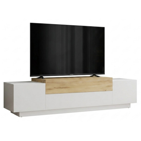 Meuble TV 4 Portes Abattantes 4 Niches Chêne et Blanc  L 160 H 38.7 P 37.3 cm