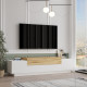 Meuble TV 4 Portes Abattantes 4 Niches Chêne et Blanc  L 160 H 38.7 P 37.3 cm