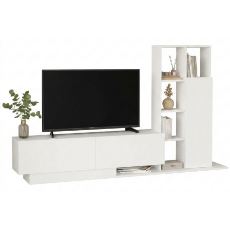 Meuble TV et Etagère 3 Portes 11 Niches Chêne et Blanc L 201,2 H 123,6 P 29,5 cm