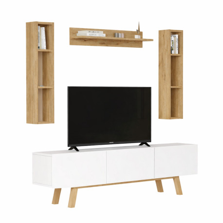 Meuble TV 70 Pouces et Etagères murales Chêne et Blanc L 180 H 200 P 31.3 cm