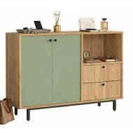 Meuble d'Entrée Chêne et Vert Olive 2 Portes 2 Tiroirs L 120 H 85 P 35.5 cm