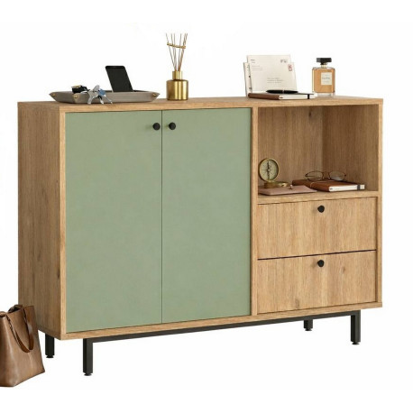Meuble d'Entrée Chêne et Vert Olive 2 Portes 2 Tiroirs L 120 H 85 P 35.5 cm
