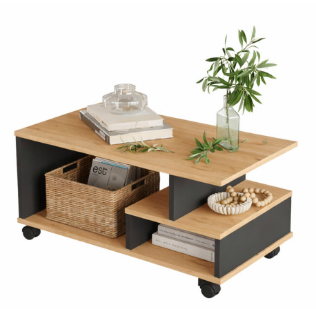 Table Basse Mobile 3 Niches Imitation Chêne et Gris L 90 H 42.5 P 51 cm