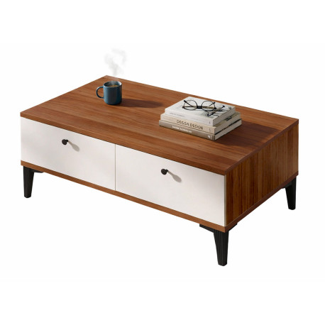 Table Basse 2 Abattants 2 Niches Noyer et Ecru 4 Pieds L 90 H 38.6.1 P 60 cm