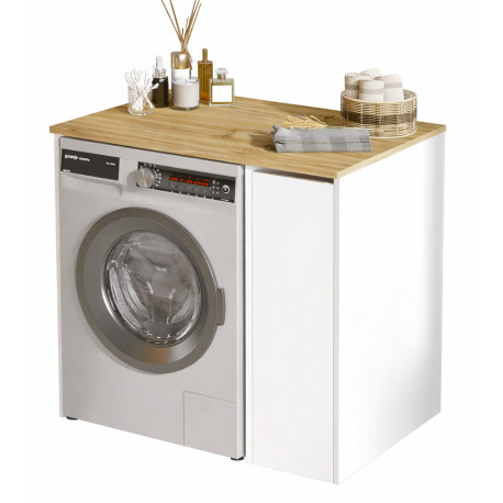 Meuble Lave-Linge 1 Porte 3 Niches Mobile Chêne et Blanc L 93.5 H 88.3 P 60 cm