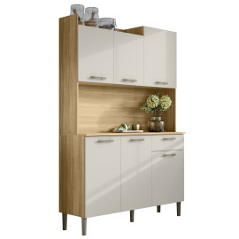 Buffet de Cuisine 6 Portes 1 Tiroir 8 Niches Chêne et Beige L 121.5 H 176 P 36.3 cm